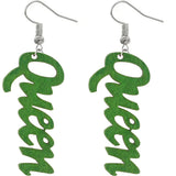 Green Queen Cursive Word Wooden Earrings