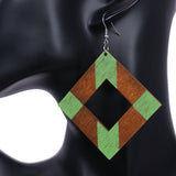 Green Wooden Rhombus Shape Dangle Earrings