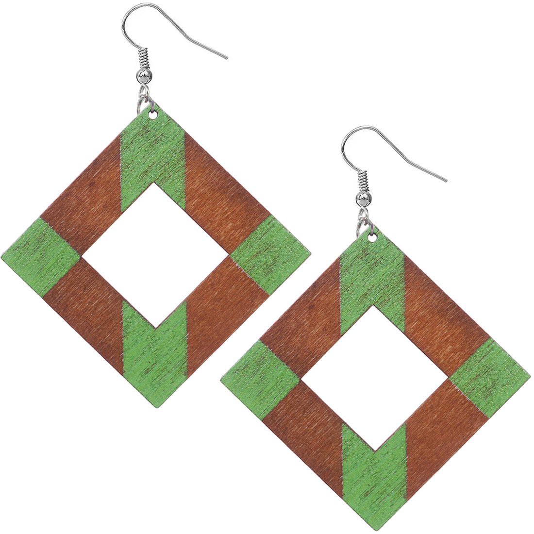 Green Wooden Rhombus Shape Dangle Earrings