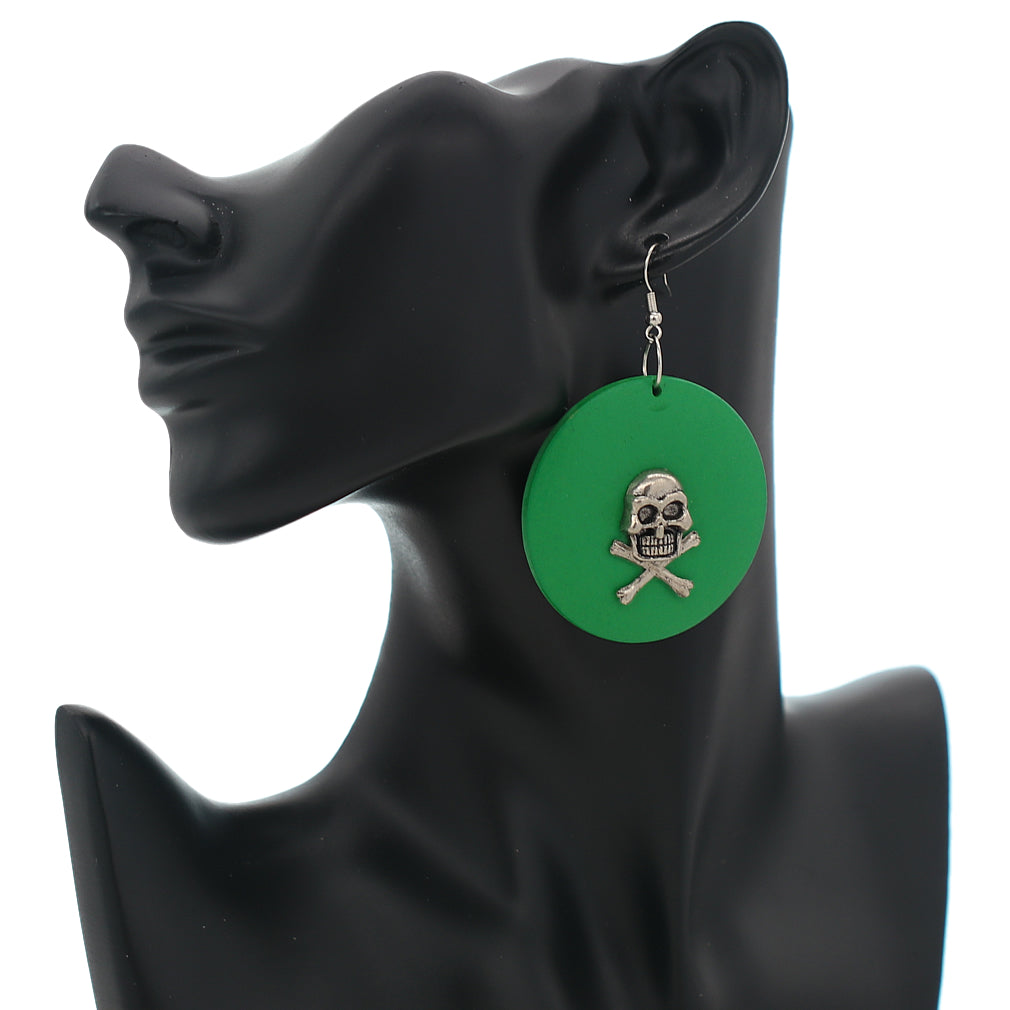 Green Skull Wooden Dangle Earrings