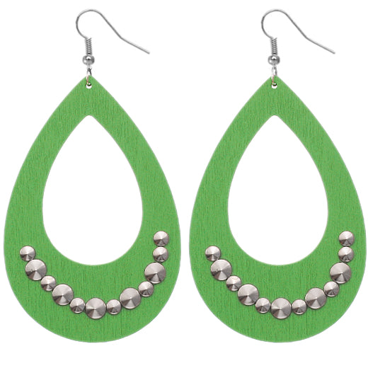 Green Wooden Large Teardrop Studded Earrings