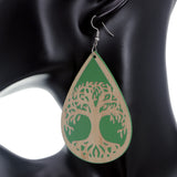 Green Tree Of Life Wooden Teardrop Earrings