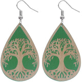 Green Tree Of Life Wooden Teardrop Earrings