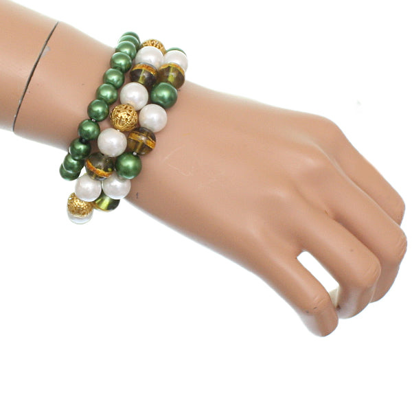 Green Faux Pearl Beaded Stretch Bracelets
