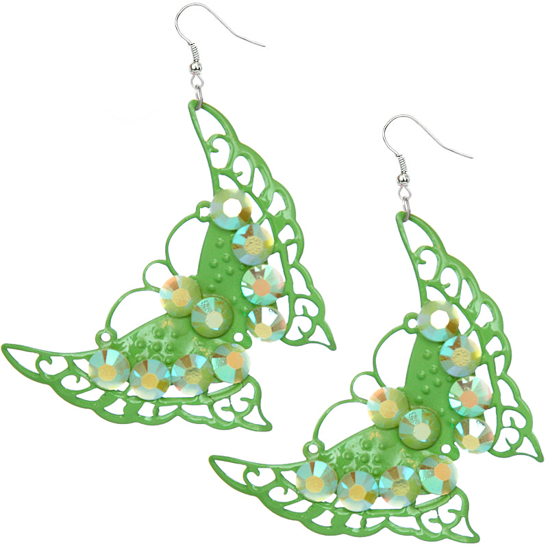 Green Beaded Iridescent Butterfly Earrings