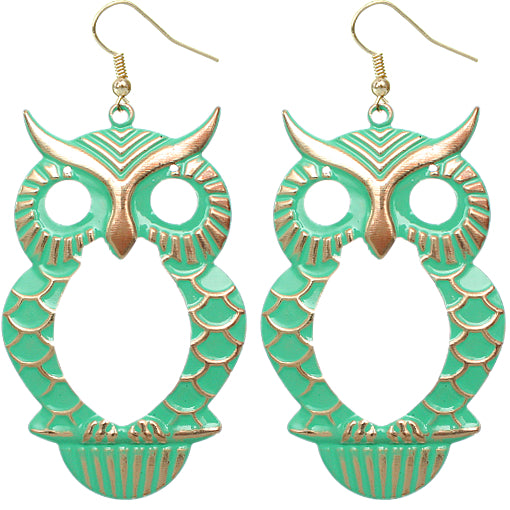 Green Cutout Dangle Hoot Owl Earrings
