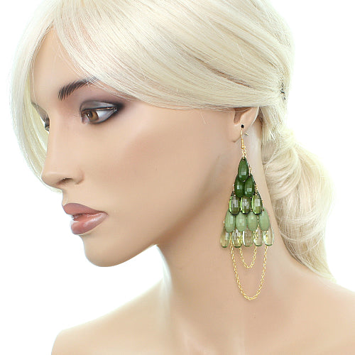 Green Faceted Drop Chain Chandelier Earrings