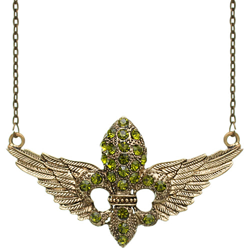 Green Fleur De Lis Rhinestone Charm Necklace