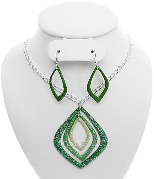 Green Layered Glitter Teadrop Charm Necklace Set