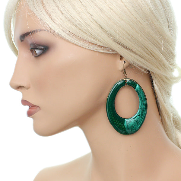 Green oval shaped hoop style earrings