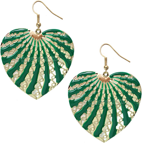Green Filigree Dangle Heart Earrings