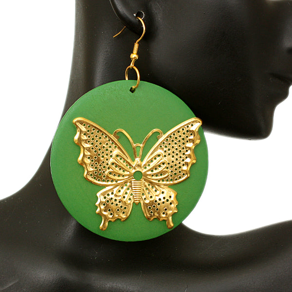 Green Gold Wooden Butterfly Dangle Earrings