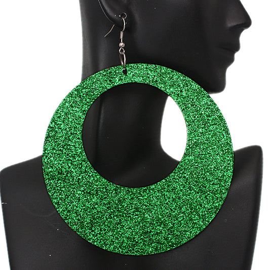 Green Big Wooden Glitter Hoop Earrings