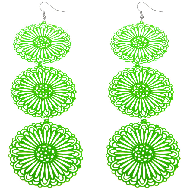 Green Long Triple Sunburst Dangle Earrings