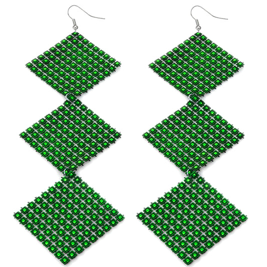 Green Long Triple Studded Mesh Dangle Earrings