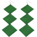 Green Long Triple Studded Mesh Dangle Earrings