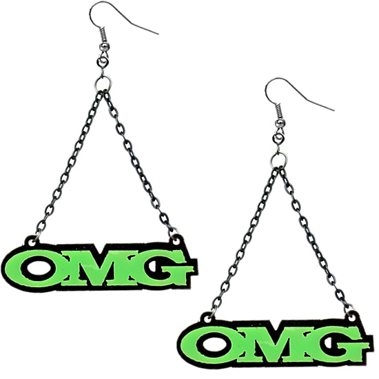 Green OMG Triangle Drop Chain Earrings