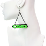 Green OMG Triangle Drop Chain Earrings
