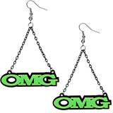 Green OMG Triangle Drop Chain Earrings