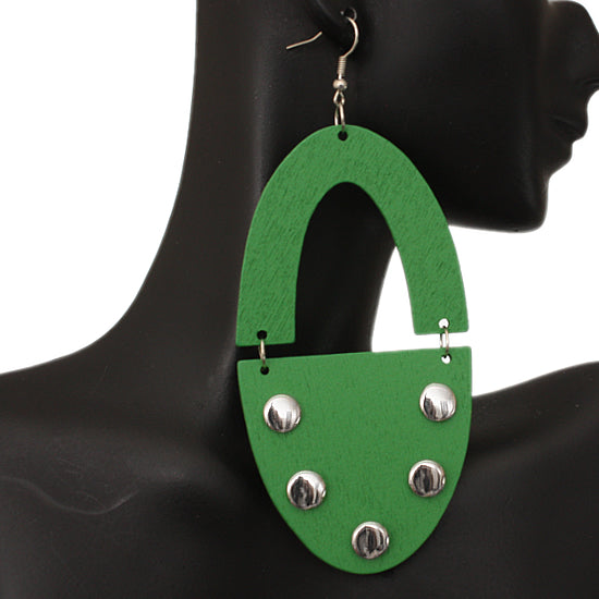 Green Wooden Oval Studded Earrings