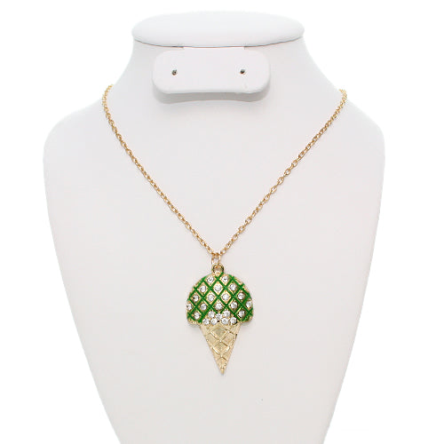 Green Rhinestone Ice Cream Cone Charm Necklace