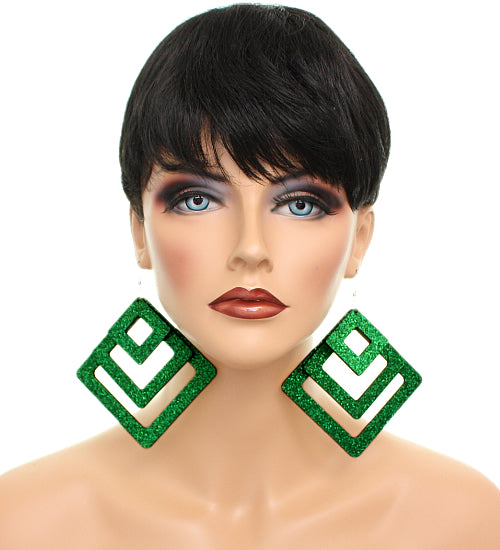 Green Triple Wooden Glitter Earrings