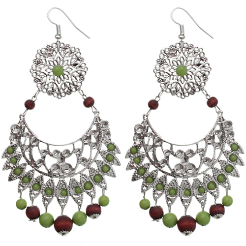 Green Brown Wooden Beaded Filigree Earrings