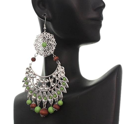 Green Brown Wooden Beaded Filigree Earrings
