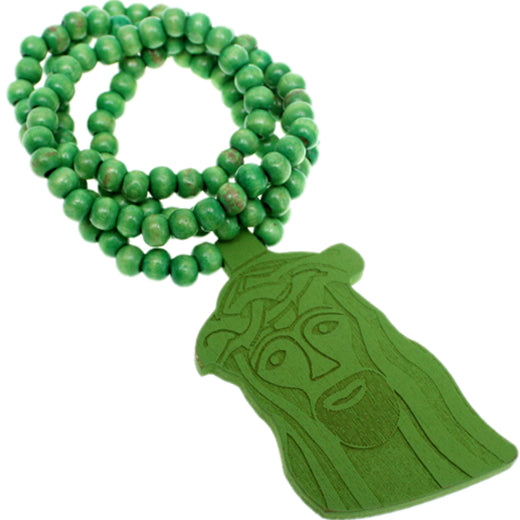 Green Wooden Beaded Jesus Piece Necklace
