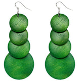 Green Wooden Round Disc Cascade Earrings