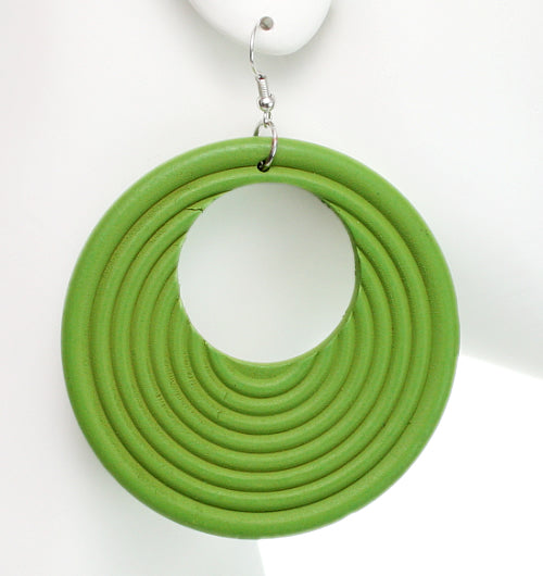 Green Wooden Circular Roll Texture Dangle Earrings