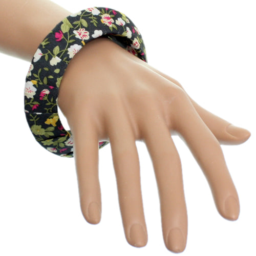 Green Floral Fabric Saucer Bangle Bracelet