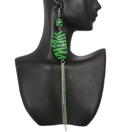 Green Zebra Stripe Drop Chain Earrings