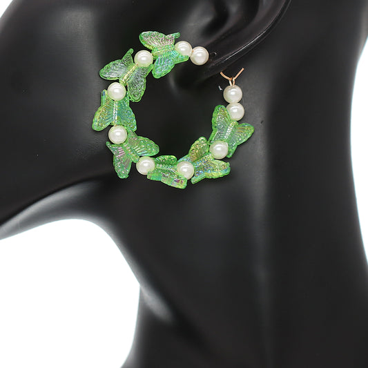 Green Butterfly Faux Pearl Mini Hoop Earrings