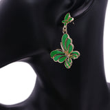 Green Butterfly Rhinestone Dangle Earrings