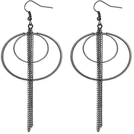 Hematite Double Hoop Drop Chain Earrings
