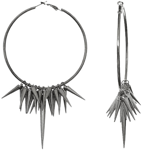Hematite Large Spike Hoop Earrings