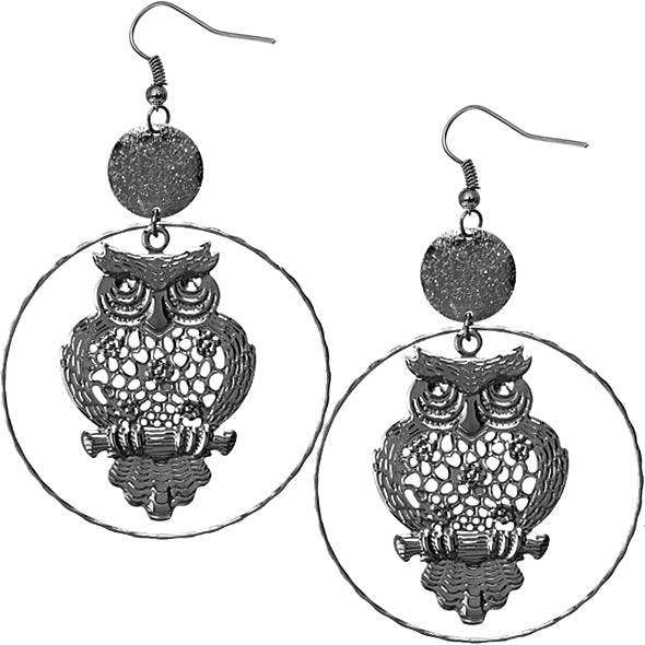 Hematite Hoot Owl Hoop Earrings