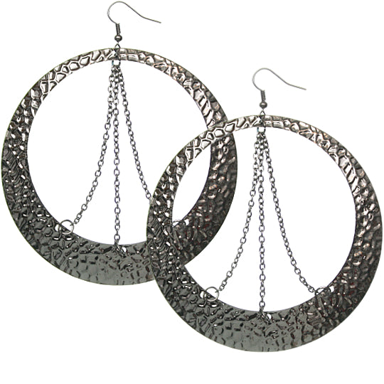 Hematite Hammered Chain Round Hoop Earrings