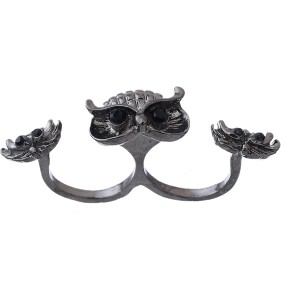 Hematite Hoot Owl Double Cuff Finger Ring
