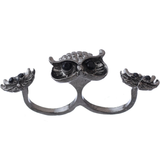 Hematite Hoot Owl Double Cuff Finger Ring