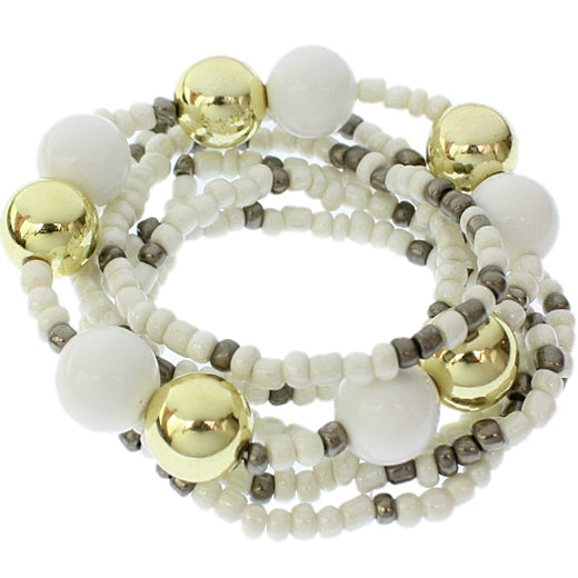 White Multi Line Beaded Stretch Bracelet Set