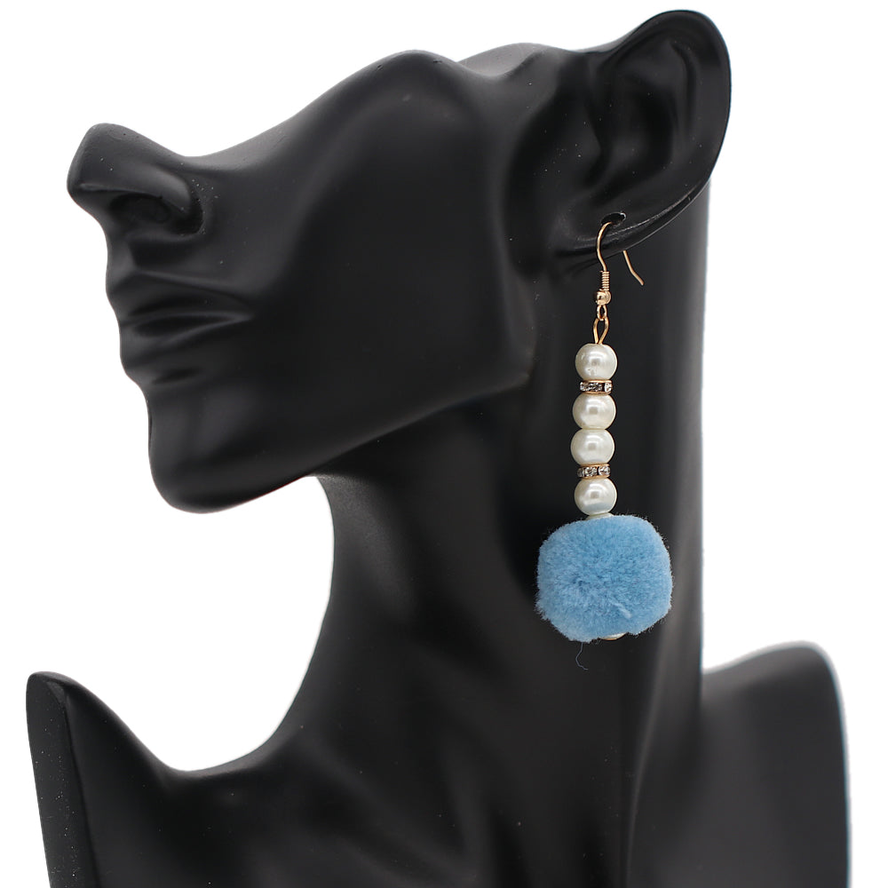 Light Blue CZ Faux Pearl Pom Pom Earrings