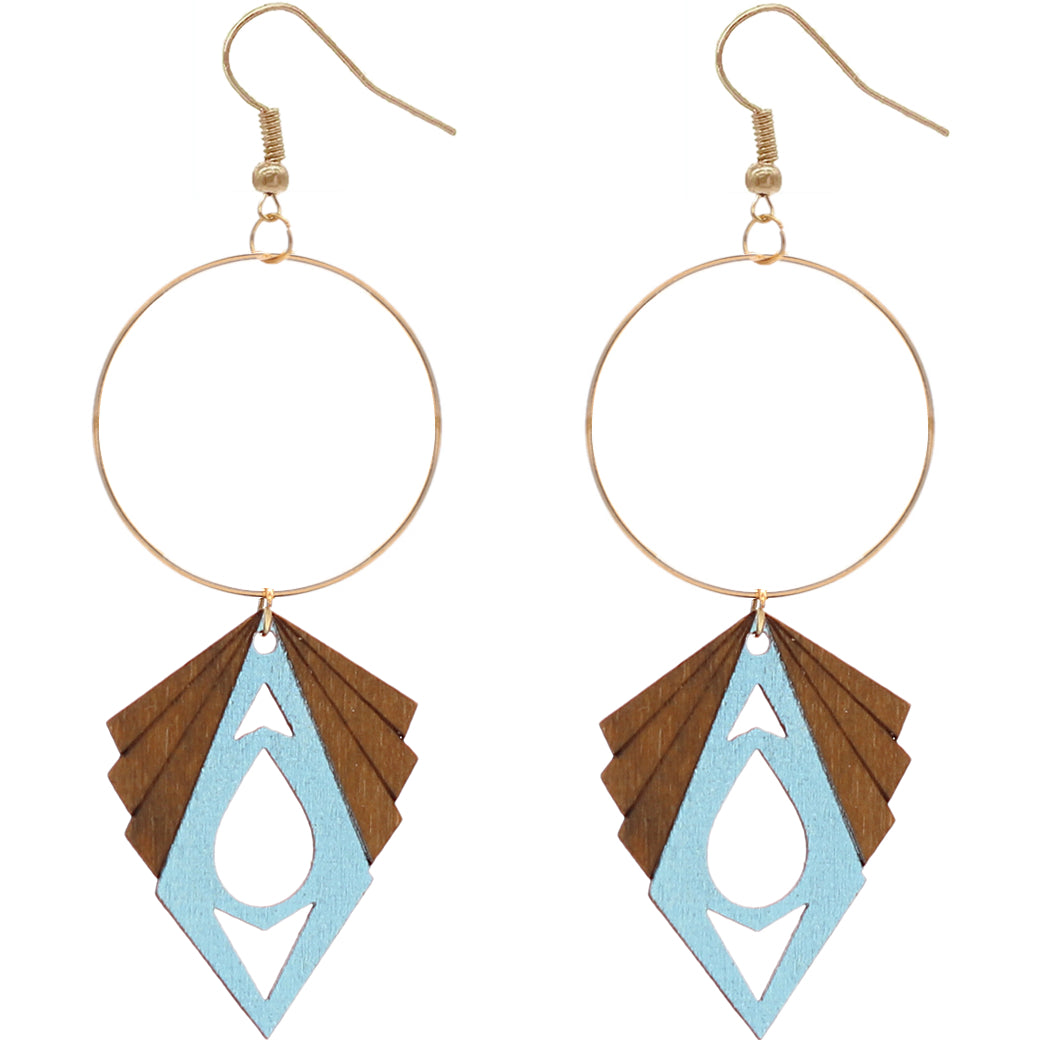 Light Blue Geometric Wooden Hoop Earrings