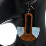 Light Blue Long Oval Fan Wooden Earrings