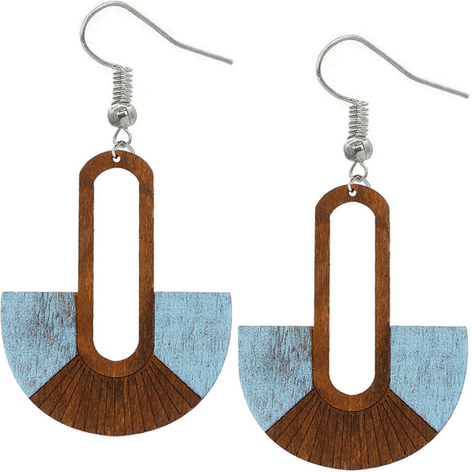 Light Blue Long Oval Fan Wooden Earrings