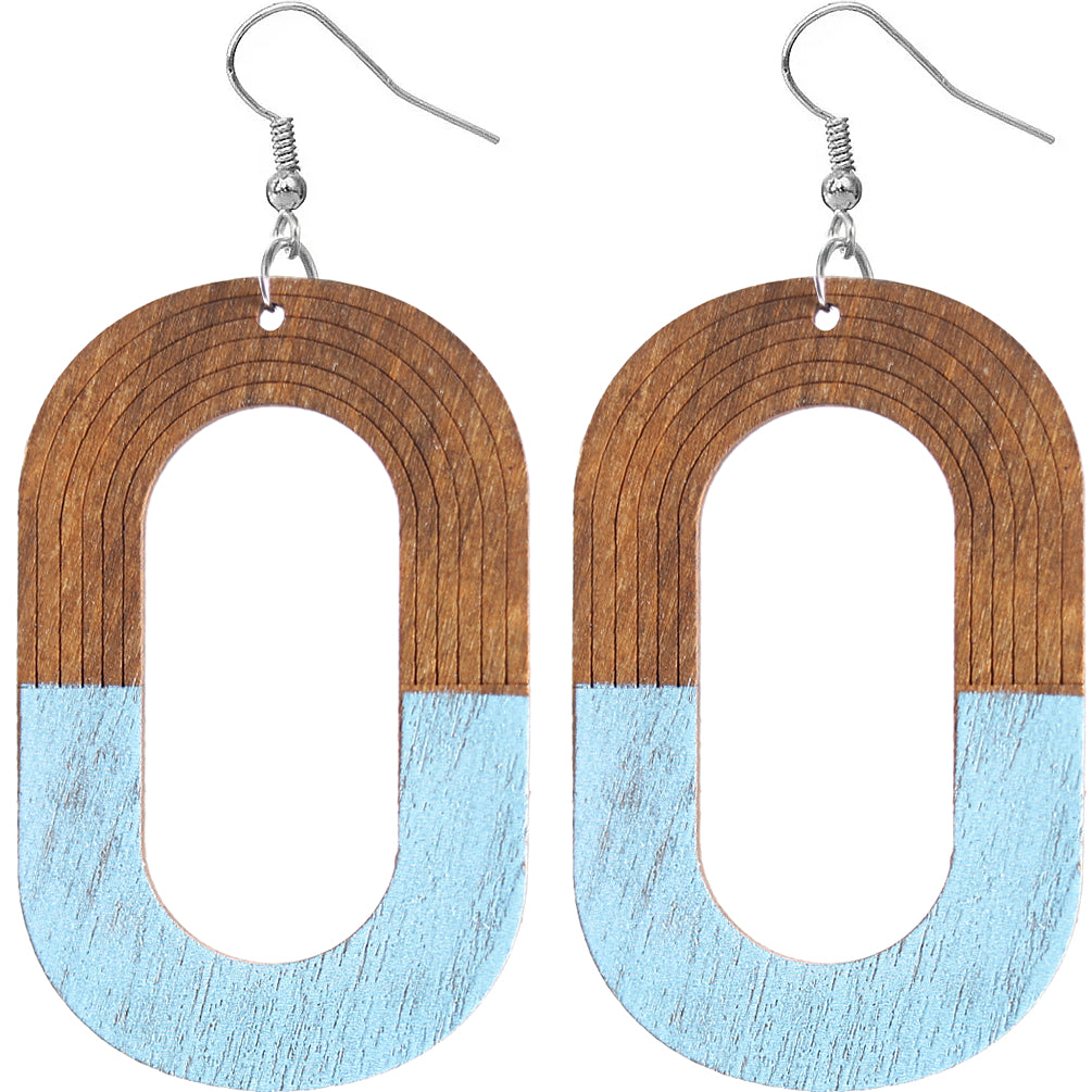 Light Blue Oval Wooden Dangle Earrings