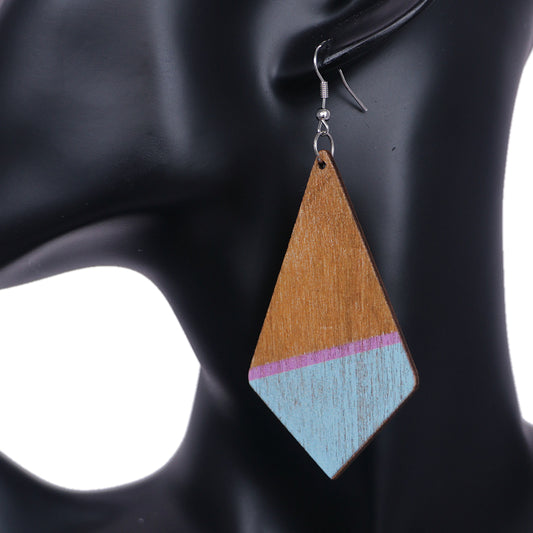 Light Blue Wooden Geometric Pentagon Dangle Earrings