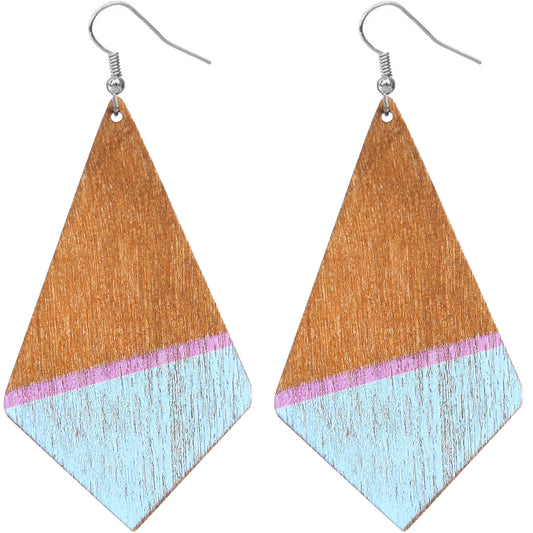 Light Blue Wooden Geometric Pentagon Dangle Earrings