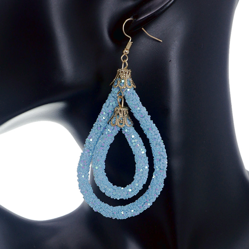 Light Blue Sequin Confetti Double Teardrop Hoop Earrings